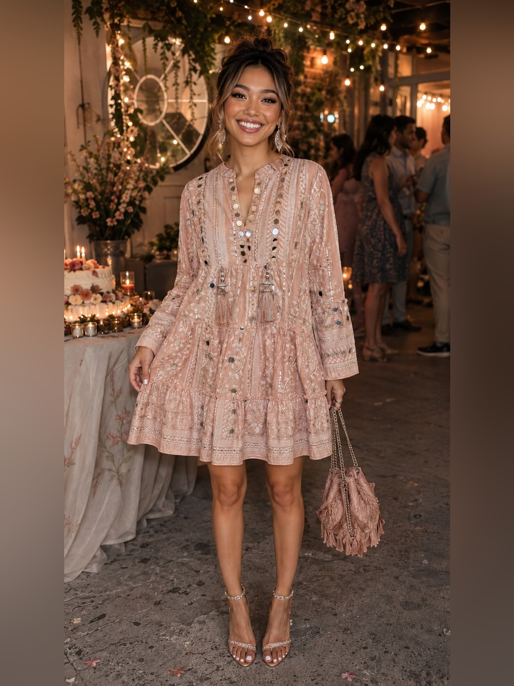 NWOT Blush Pink Mirror Embroidered Bohemian Tunic Dress